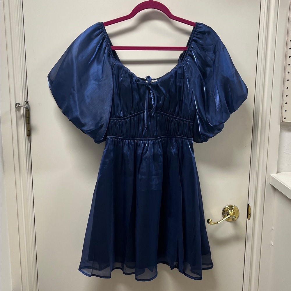 Elegant Blue Puff Sleeve Dress